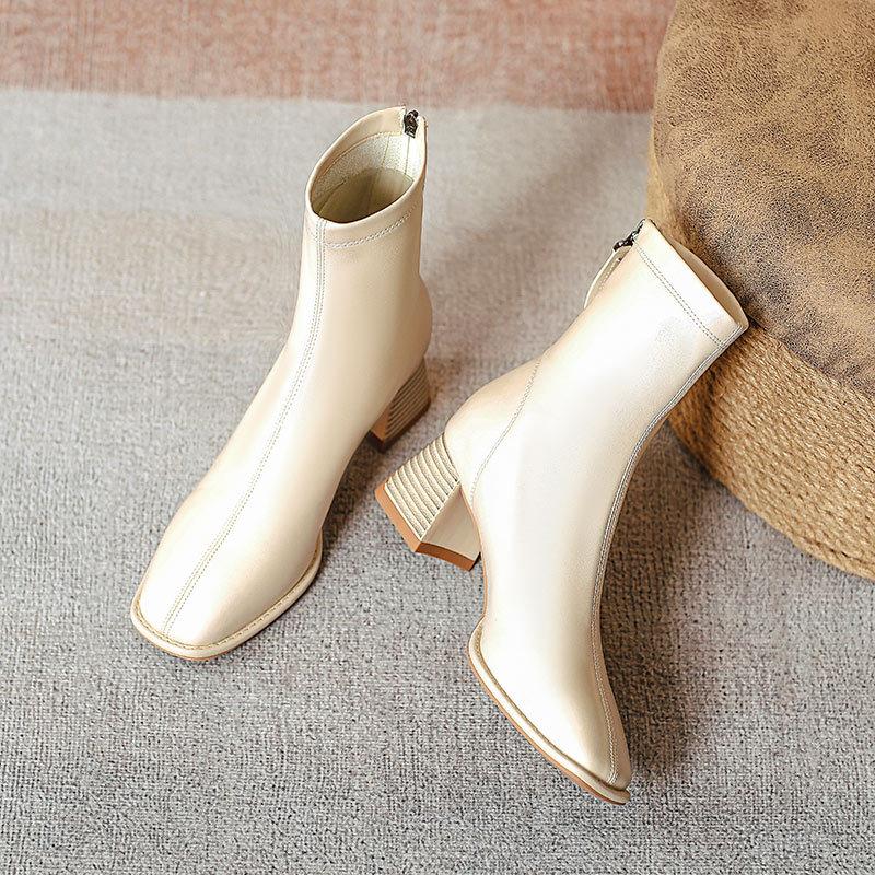 Square Head Short Boots Women's Single Boots New Autumn and Winter Boots Soft Leather Rear Zipper Middle Heel Medium Tube Thin Boots