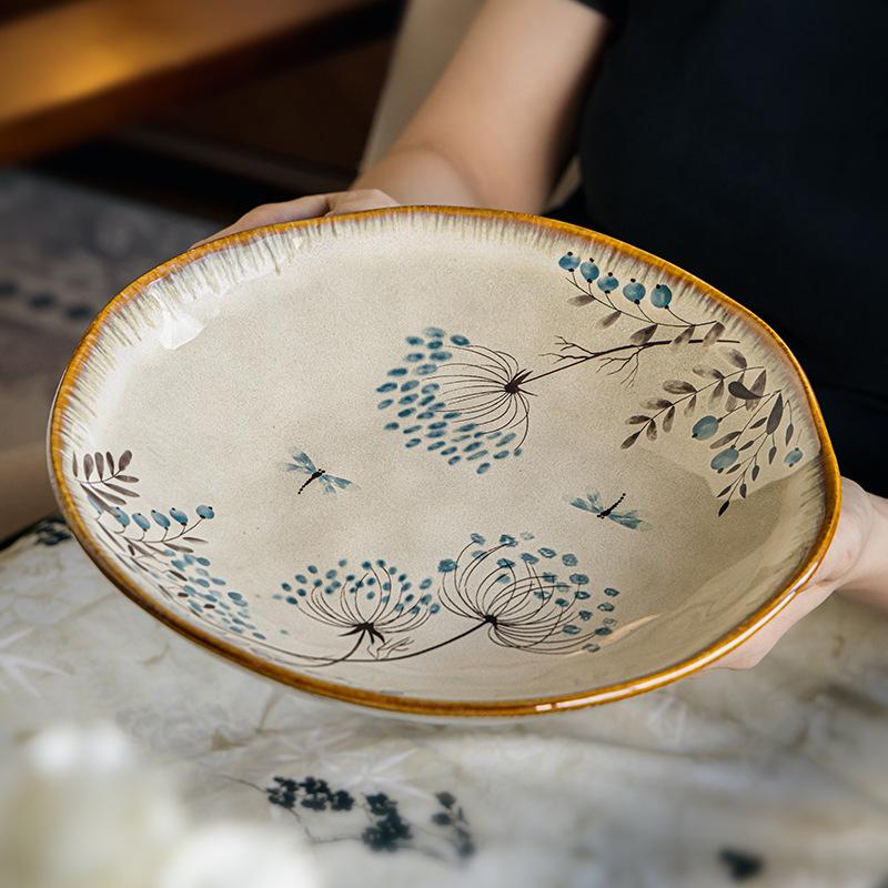 Vintage Flower Large 9-Inch Ceramic Plate Irregular Salad Plate Premium Sense Vegetable Bowl Soup Plate Export