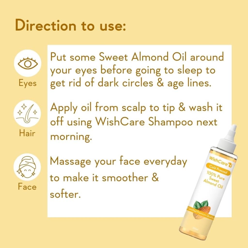 WishCare® Pure Cold Pressed Sweet Almond Oil 200 Ml for Hair Care Skin Glow Face Oil Carrier Oil Use Natural Glow Oil