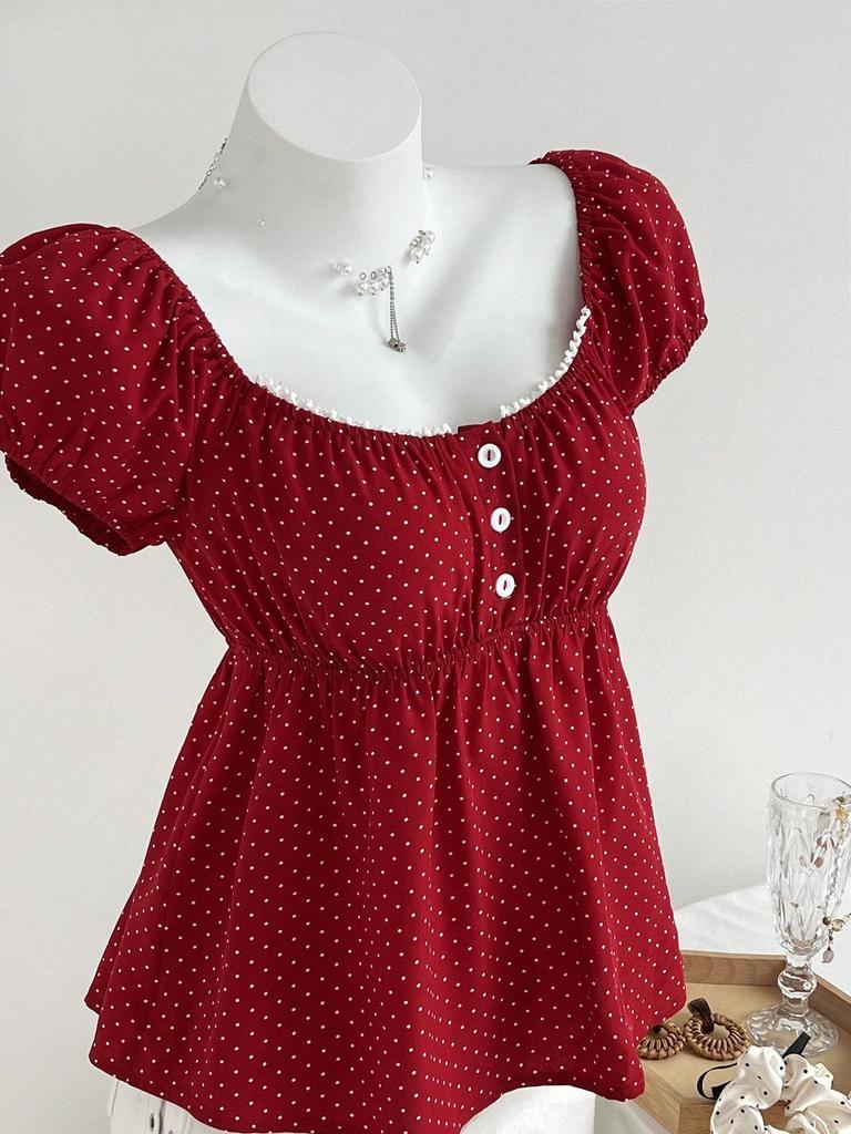 Top de Verano para Mujer con Lunares, Mangas Abullonadas, Efecto Adelgazante, Cintura Ceñida y Cuello Redondo