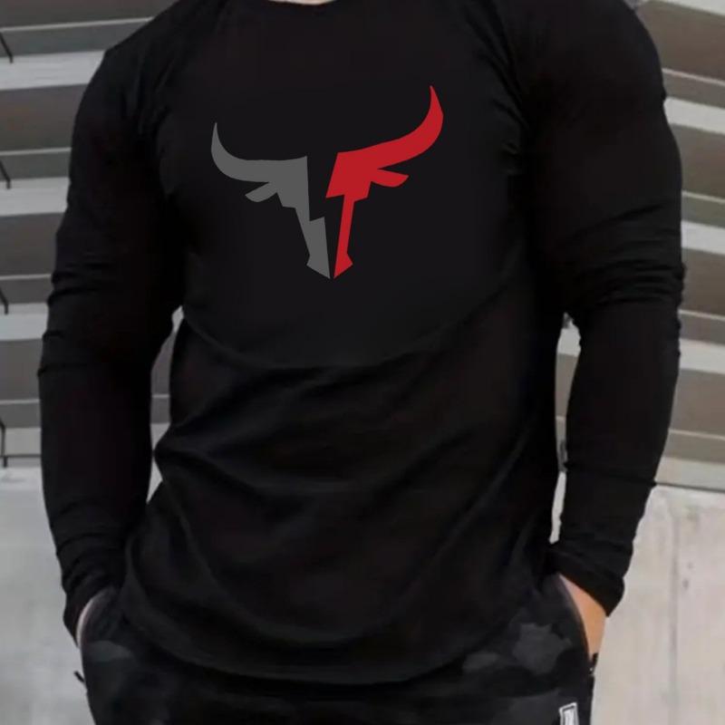 Men's Loose Fit Plus Size Comfortable Casual Sports Bull Pattern Printed Round Neck Long Sleeved T-shirt Top