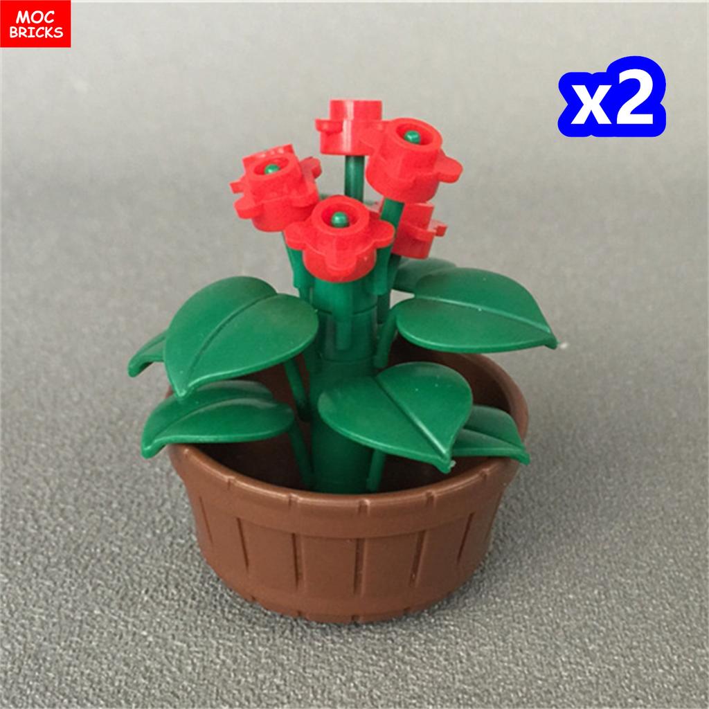 Kit MOC Blocks Flower Pot Rose Plant Garden City Decor Construction Bricks Assembles Particles Children's Playthings