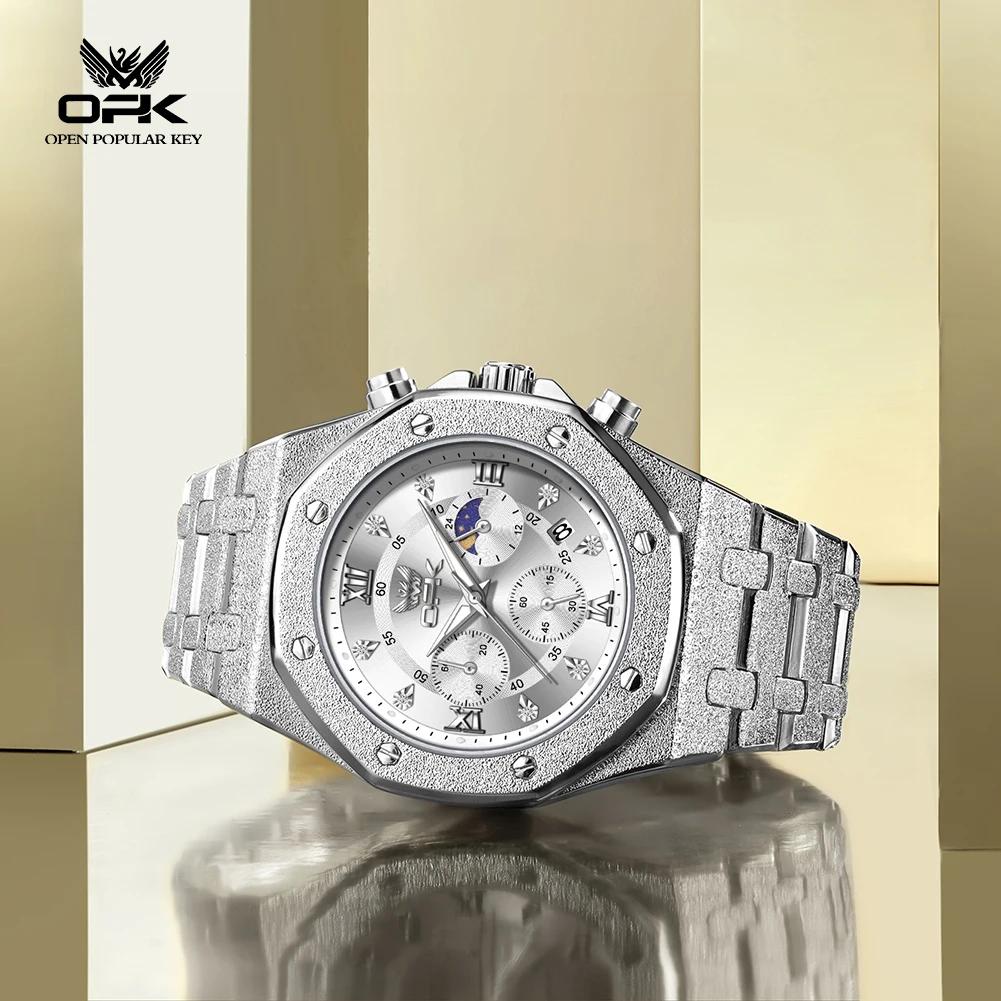 Waterproof Mens Chronograph Watches Steel Strap Moon Phase Calendar Frosted Metal Casual Wrist Watch