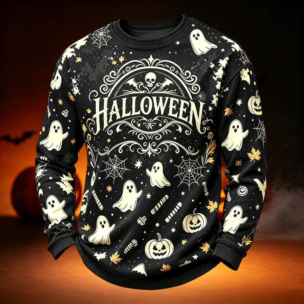 Men's Casual Round Neck Long Sleeve Top with Halloween Print