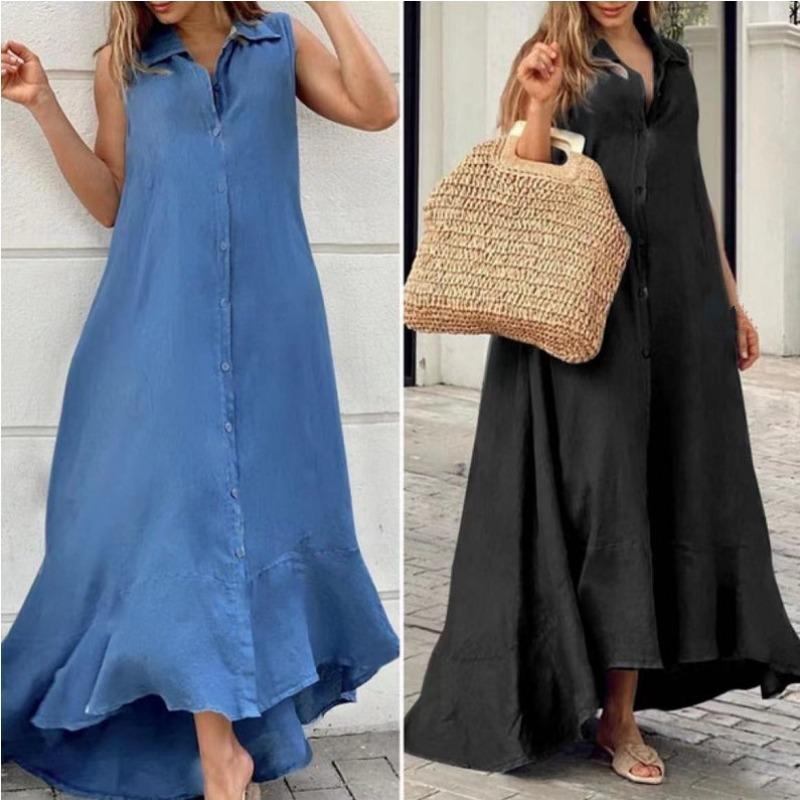 Collare Senza Maniche Cotone Lino Ampio Swing Abito Lungo per Abbigliamento da Donna Abiti Casual
