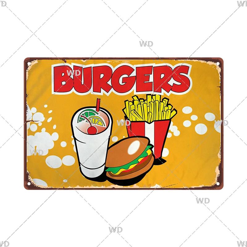 Panneau en étain pour hamburgers, frites, HotDogs, FastFood, Plaque métallique rétro Vintage, affiche en métal, Pizza BBQ pour décoration murale de cuisine