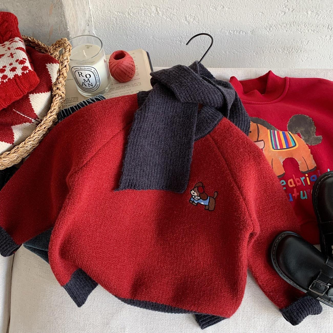 Red Festive Kids Sweater for Boys Winter Warm Base Layer with Puppy Print 80