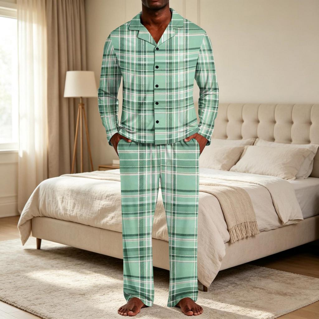 Herren-Karos-Pyjama-Set mit Hemd mit Knopfleiste und Reverskragen und entspannter Passform mit geradem Bein - Zweiteilige Nachtwäsche