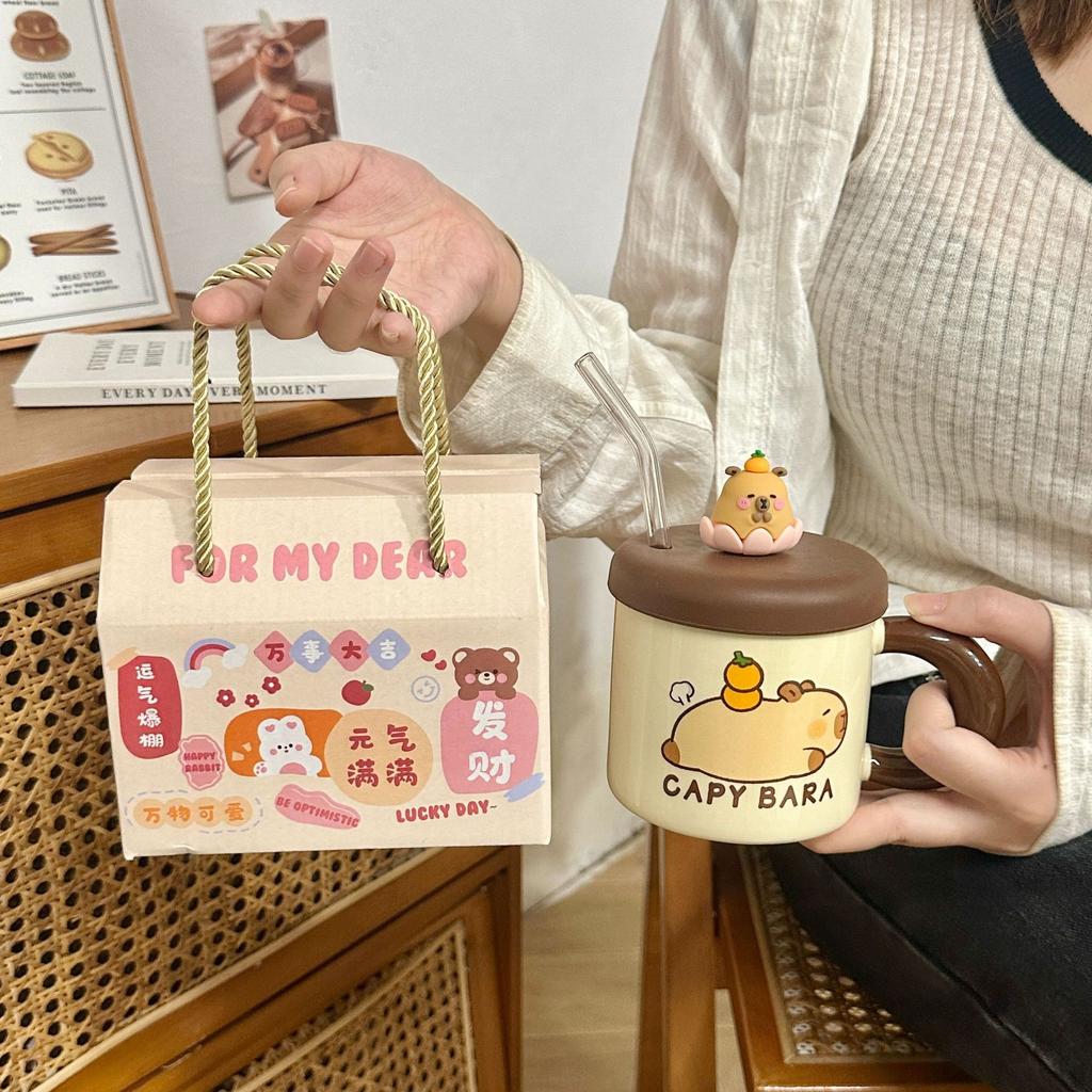 Ceramic Cup with Lid and Straw Water Cup Cute Kapibala Mug High Looking Girl's Home Coffee Cup