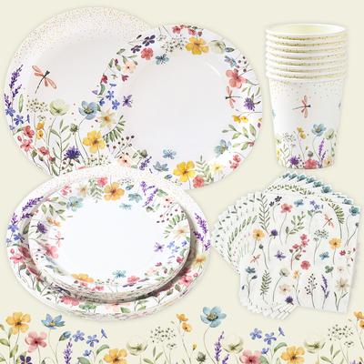 Wild Flower Tableware Birthday Party Decor Kid Wild Floral Disposable Plates Cups Girl Favors Wedding Party Supplies Baby Shower