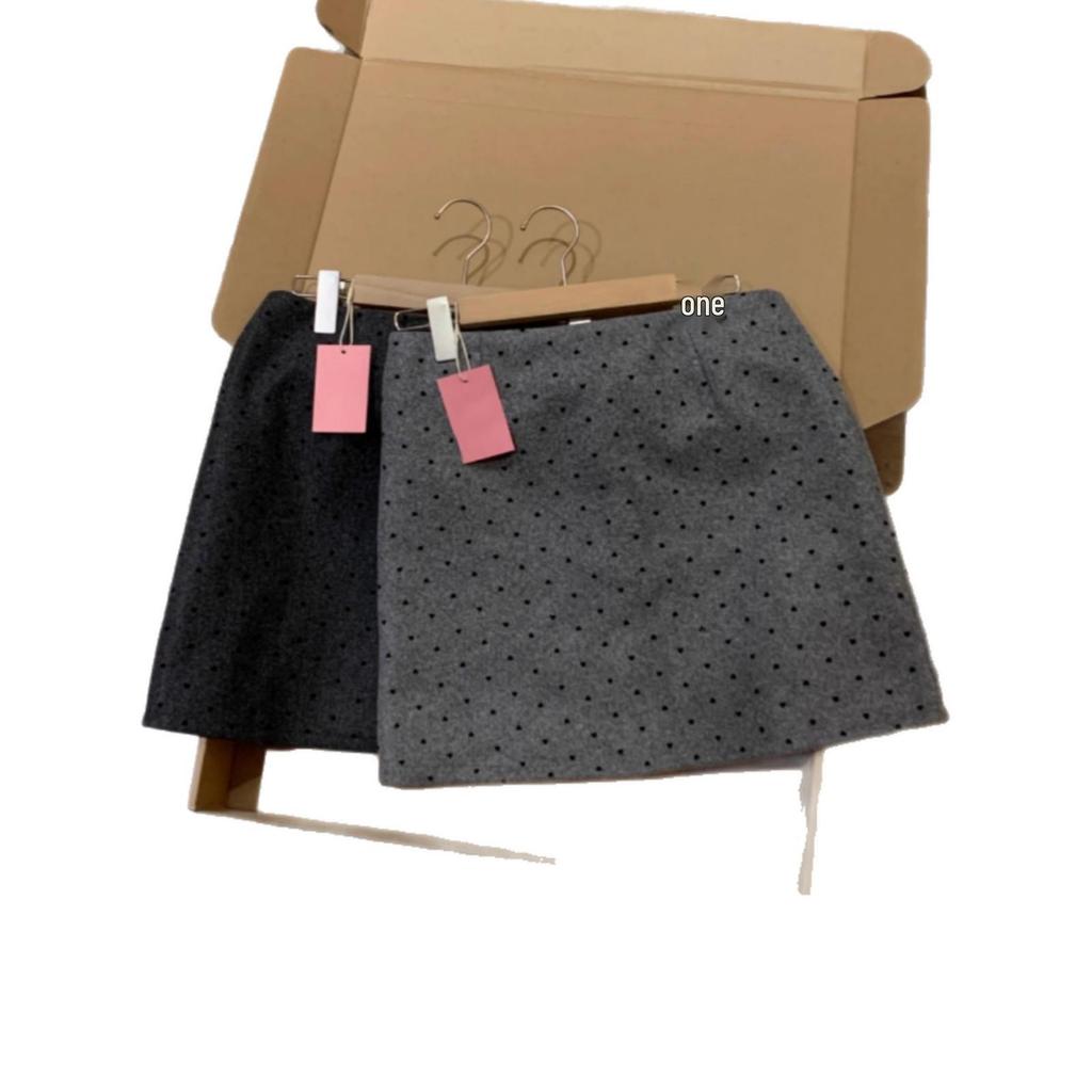 Women's Spicy Grey Polka Dot Wool-Blend High-Waisted A-Line Midi Skirt - Autumn/Winter