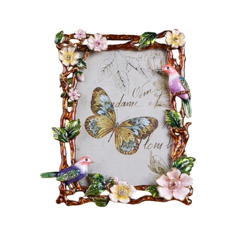 Elegant Emaille Bloemen Vogel Metalen Fotolijst Met Strass Accent Antiek Fotolijstje Voor Tafelblad Planken Decoraties