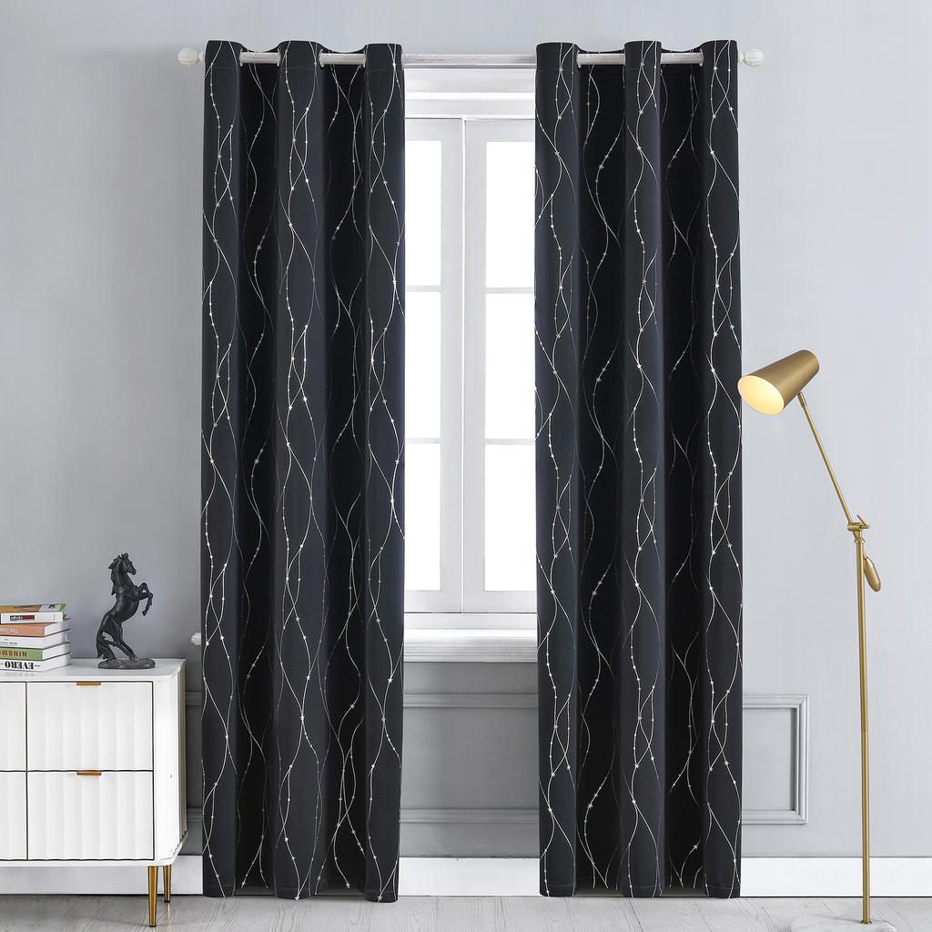 Blackout Curtains for Bedroom Noise Reducing Thermal Insulated Wave Line Foil Print Room Darkening for Living Room
