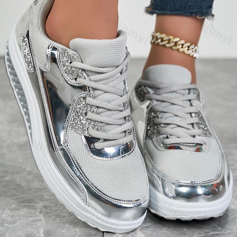 Autumn Bright Fashion Trend Casual Thick Soled Sports Shoes for Women's Mesh Breathable Comfortable Low Top Chunky Sneakers