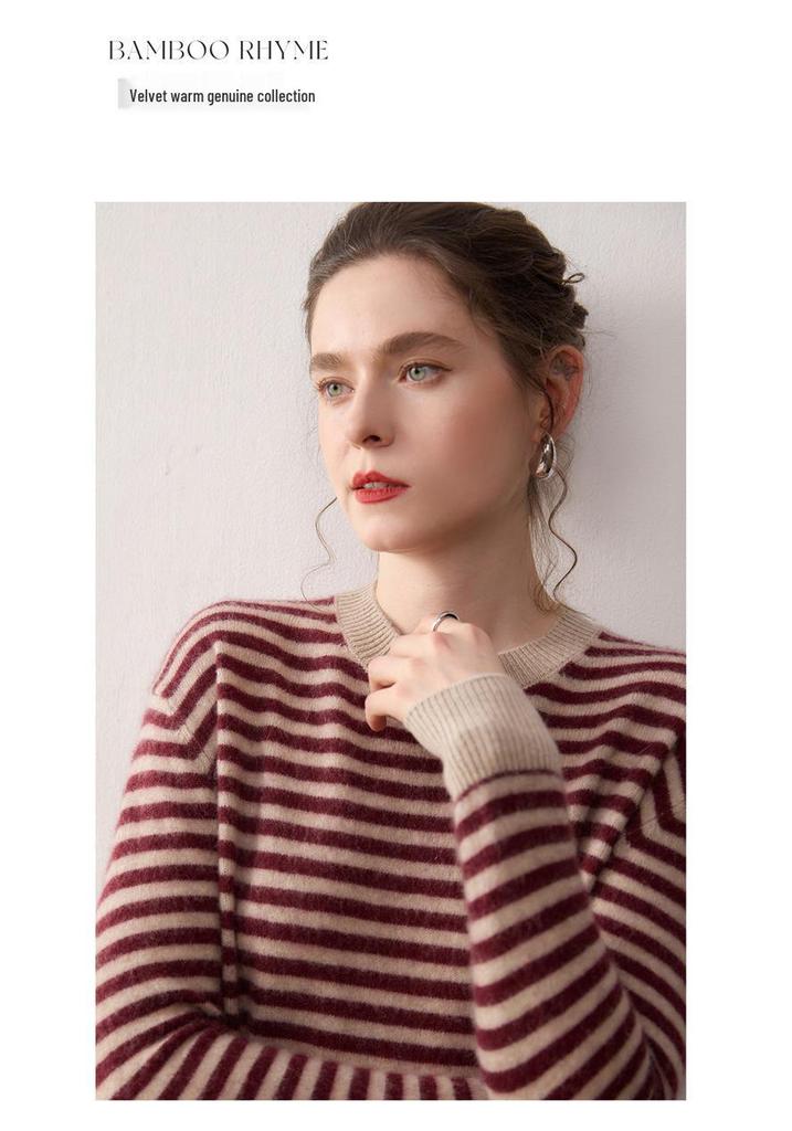 Women's Striped Cashmere Sweater - 2025 Autumn/Winter, Half-High Neck, Sweet Style, Loose Slimming Pullover