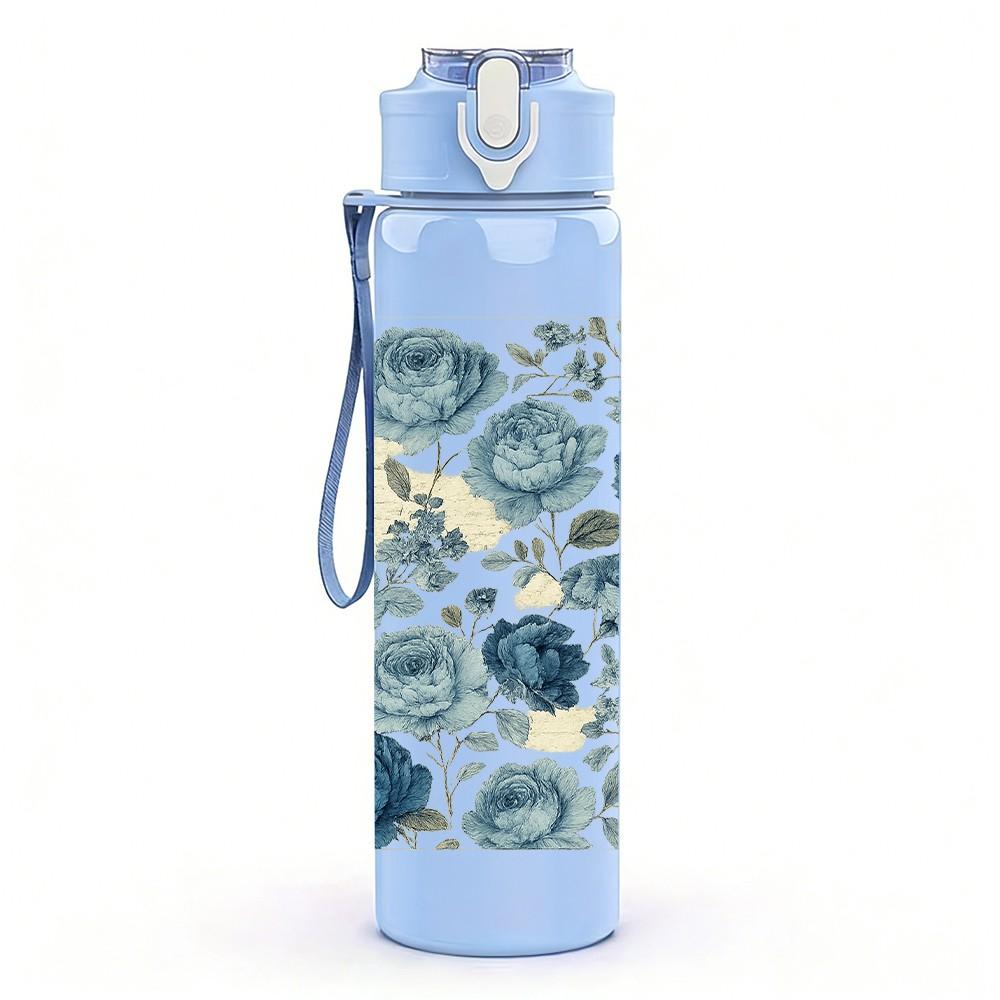 1PC Blue White Floral Seamless Pattern Print 750ml Color Plastic Sports Water Bottle Leakproof Flip Straw Lid Suitable for Sports Office Home Use