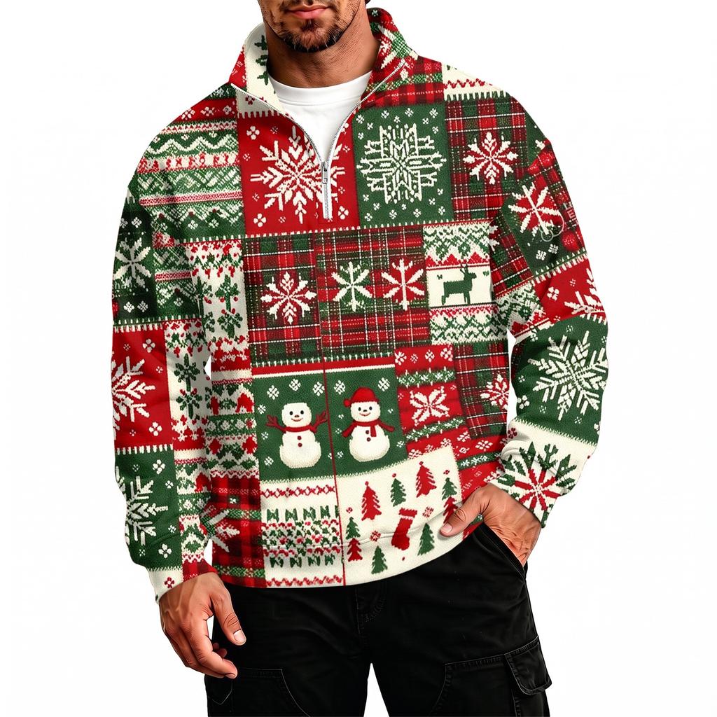 Men's Casual Stand Collar Sweatshirt with Holiday Christmas Print