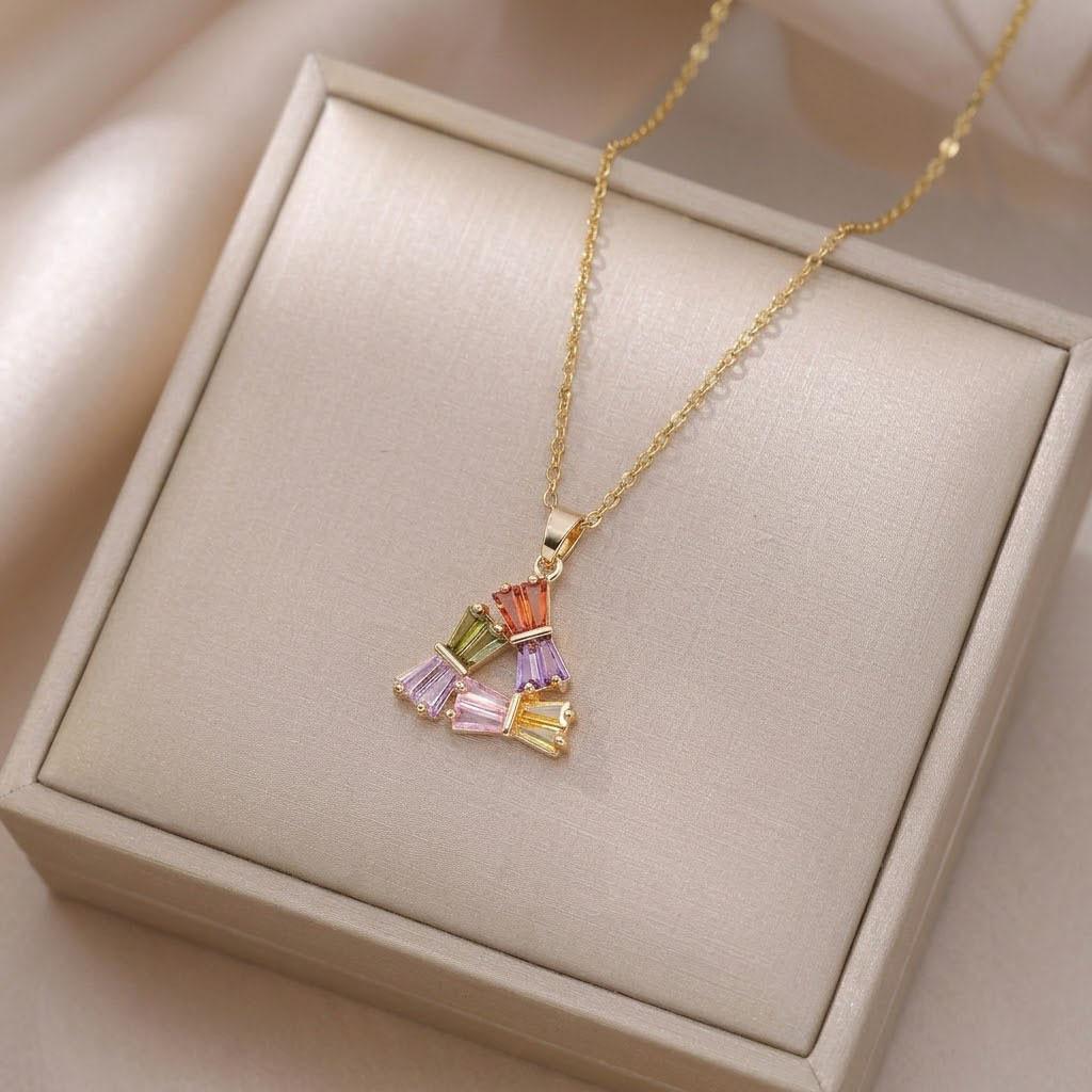 Cute Female Crystal Rainbow Zircon Stone Triangle Pendant Necklace Vintage Gold Color Wedding Jewelry For Women