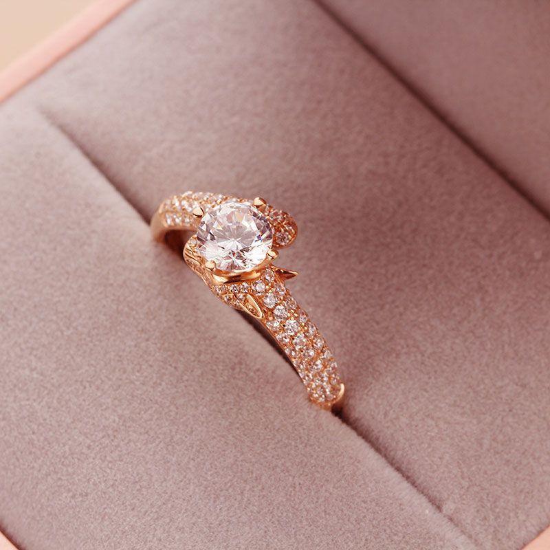 Russian Purple Gold Single Zircon Gemstone Ring, Simple Rose Gold-Plated Opal Four-Claw Ring Jewelry For Women