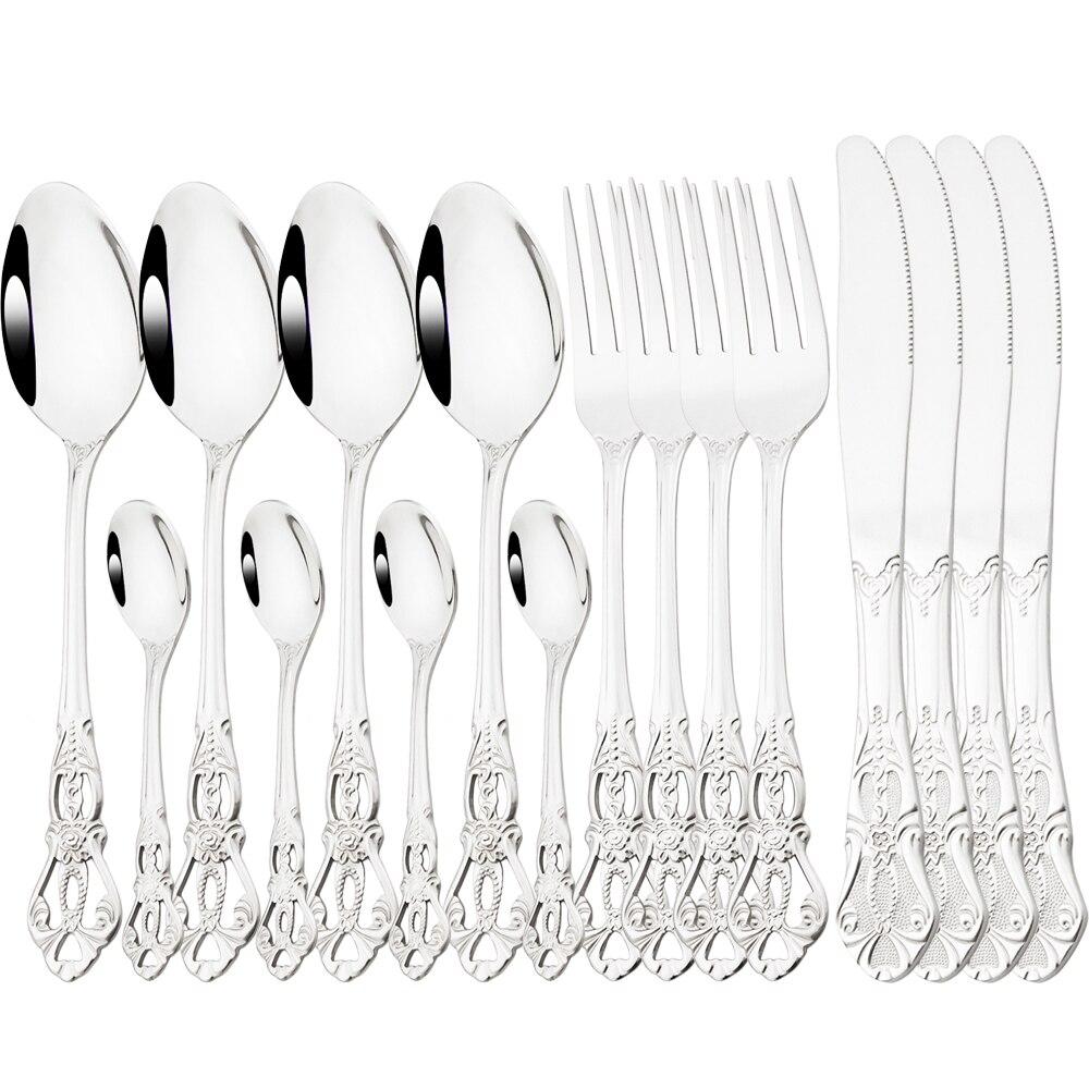 Столовые приборы из нержавеющей стали, винтажный набор из 16 предметов, королевский многоцветный нож, вилка, чайная ложка, столовые приборы, набор посуды серебряный