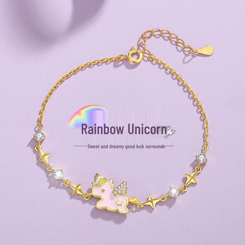 Tichia Rainbow Unicorn Bracelet: S925 Silver, Enamel, Heart Design for Women