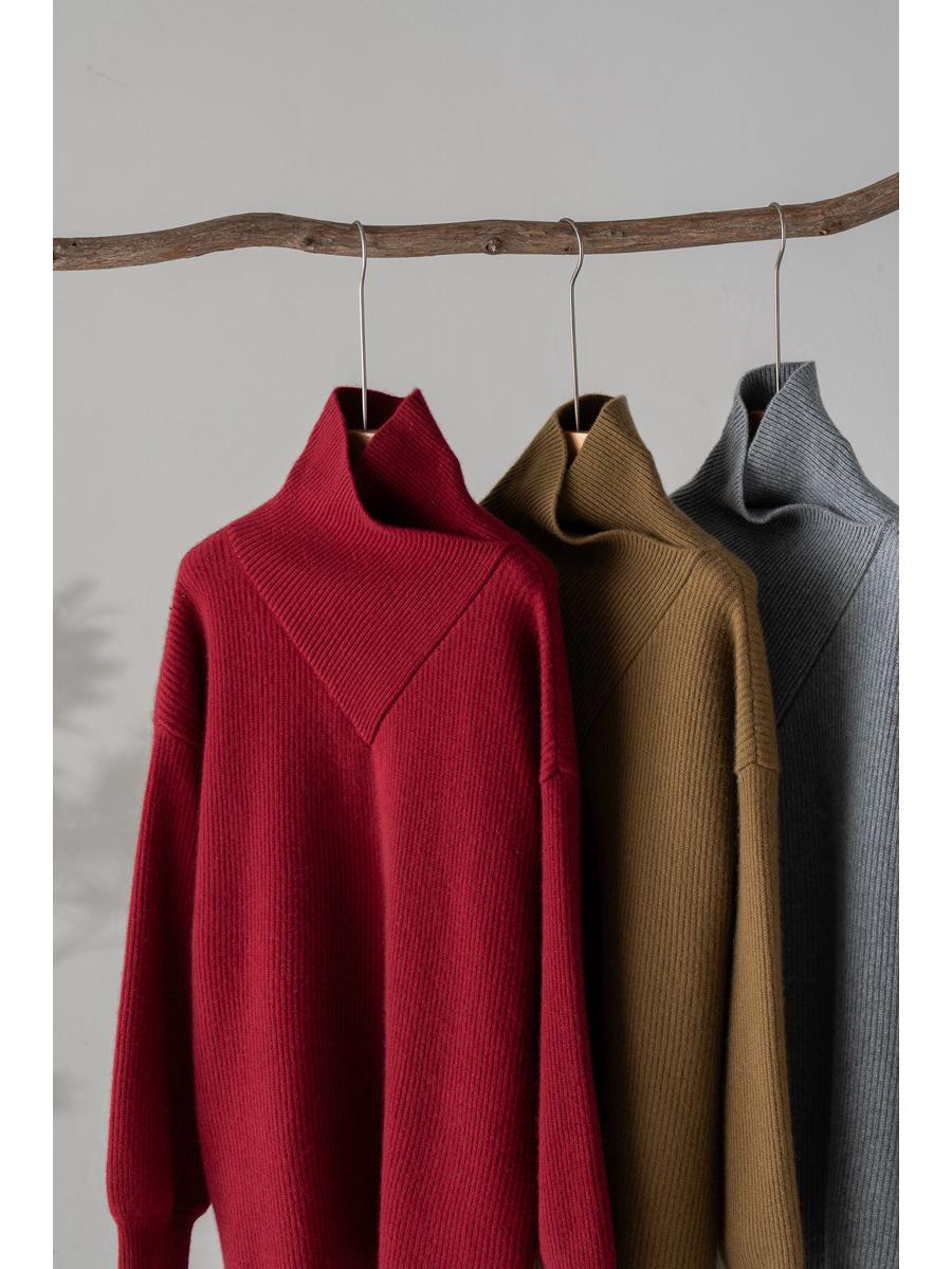 

Женский свитер из 100% чистого кашемира с высоким воротом - Свободный рукав-фонарик, Плотная вязка для осени и зимы One Size