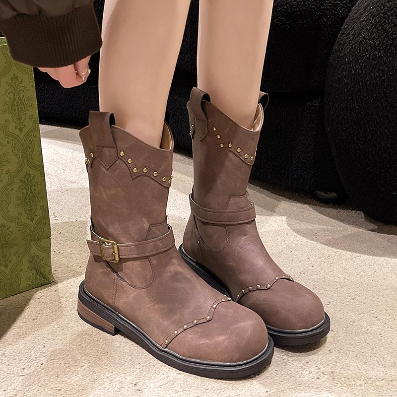 Fashion Autumn V-rivet Belt Buckle Ankle Boots 2024 Warm English Heel Plus Fleece Knight Vintage Boots