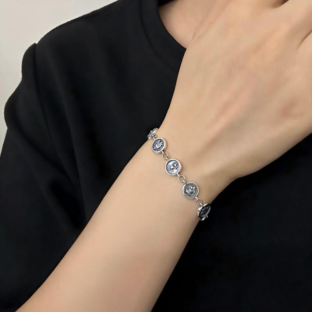 S925 Sterling Silver Auspicious Eight Treasures Bracelet with Eight Guardian Deities Seed Syllables for Men and Women