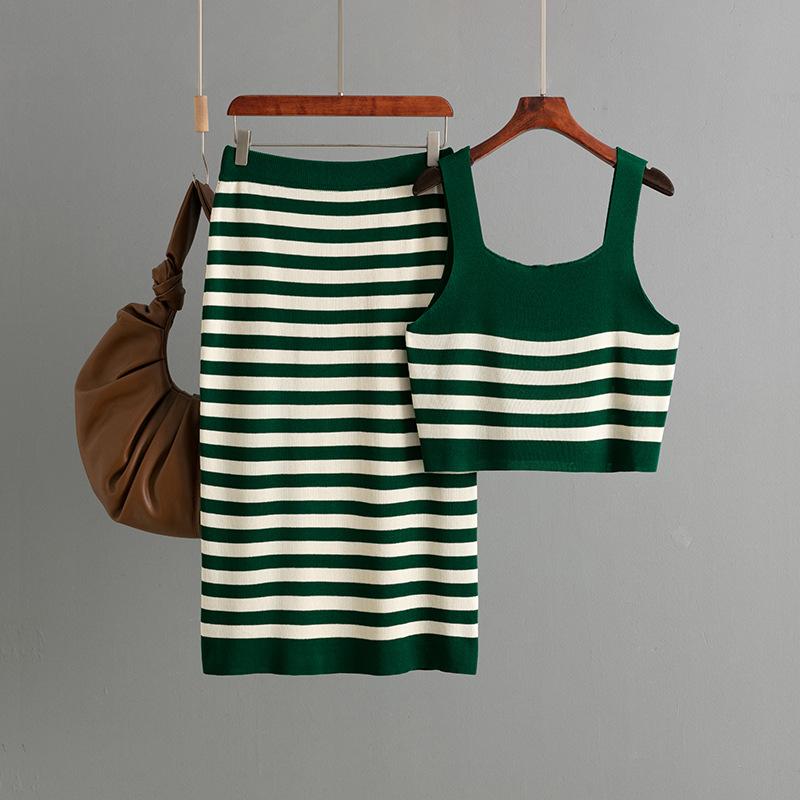 Contrasting stripes knitted suspenders women's summer outer wear bottom vest design sense niche short inner slim top
