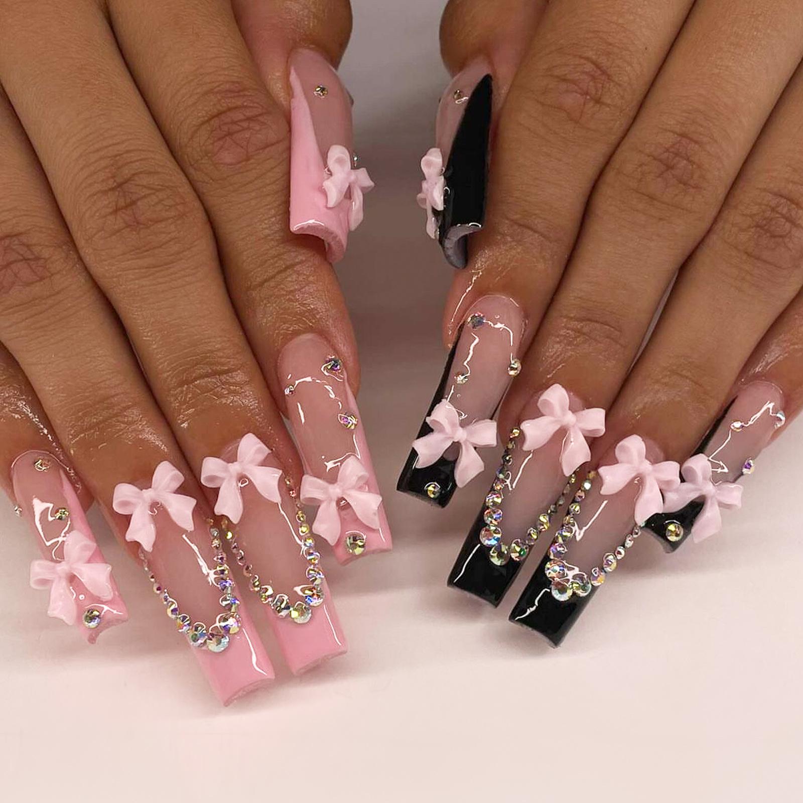 

Long Coffin Shape Press On Nails with 3D Bow and Rhinestone Decorations Full Cover False Nail Set for Nail Art Design One Size