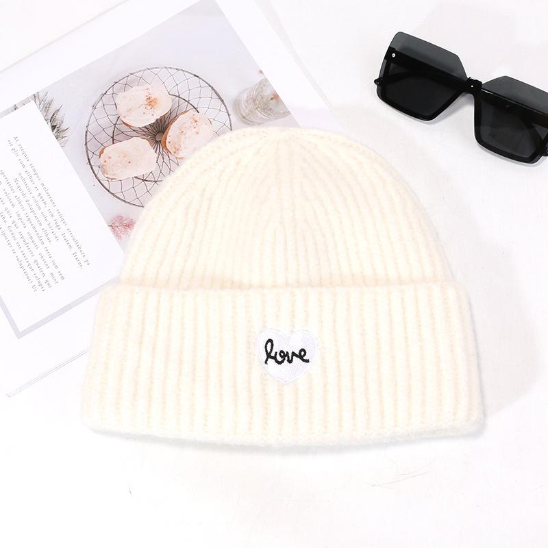 Women's Autumn and Winter New Face Showing Small Wool Hat Encore Red and White Warm and Simple Love Embroidery Knitted Hat