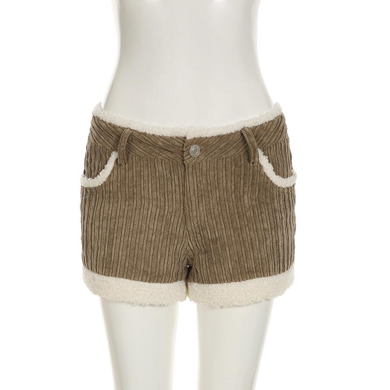 Dámské manšestrové šortky s proužky, s kožešinovým prošíváním v kolizních barvách, univerzální, s nízkým pasem, slim fit, pro pikantní dívku