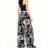 Women Street Hip Hop Style Printed Pocket Loose Casual Wide Leg Long Pants