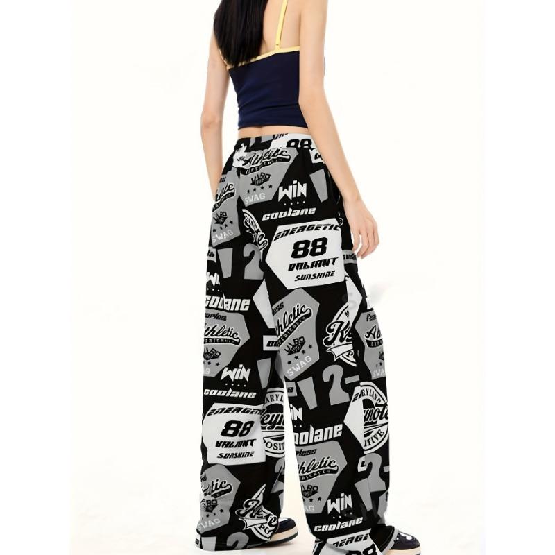 Women Street Hip Hop Style Printed Pocket Loose Casual Wide Leg Long Pants
