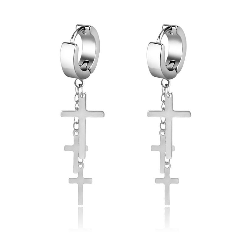 WKOUD 2PCS Stainless Steel No Piercing Cross For Men Kpop Clip On Cross Earring Gothic Punk Fake Ear Cuff Cross Earring Dangle