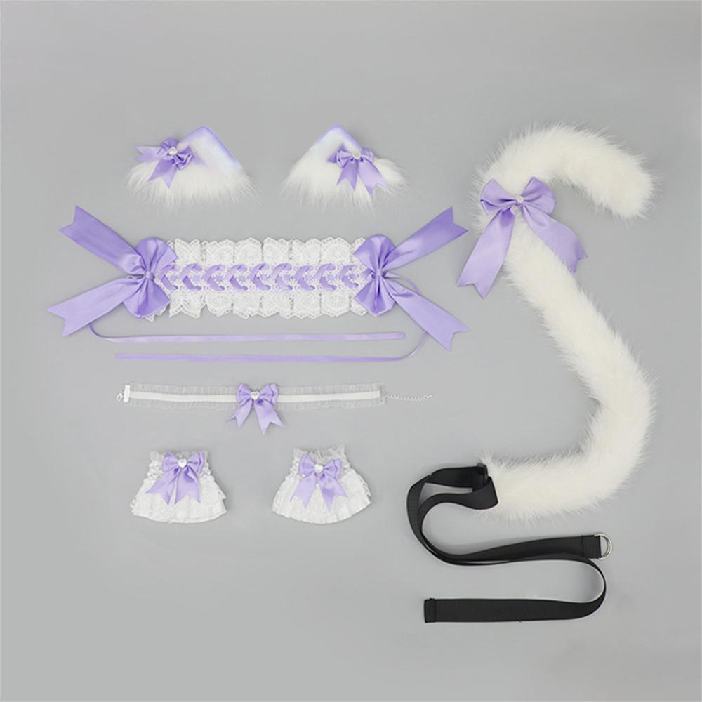 5 Stück/Set Flauschige Katzenohren Haarspangen Stirnband Schleife Choker Armband Plüsch-Katzenschwanz Niedliche Lolita Anime Party Cosplay Accessoires ear tail gray
