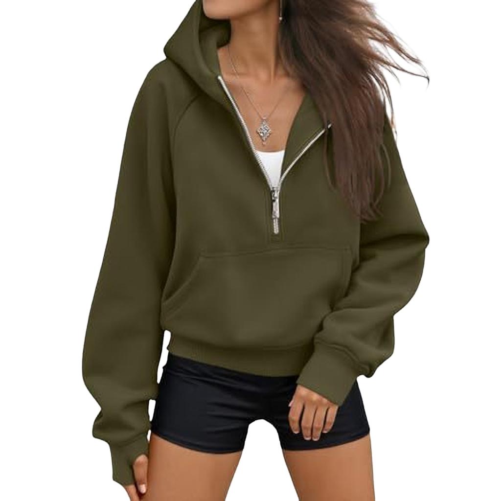 Damen Halbzip Kapuzenpullover Langarm Freizeit Sweatshirt Farbe