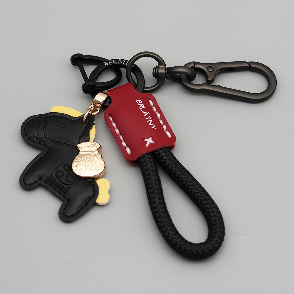 Handmade Genuine Leather Horse Keychain with Anti-Lost Lanyard and Woven Rope.