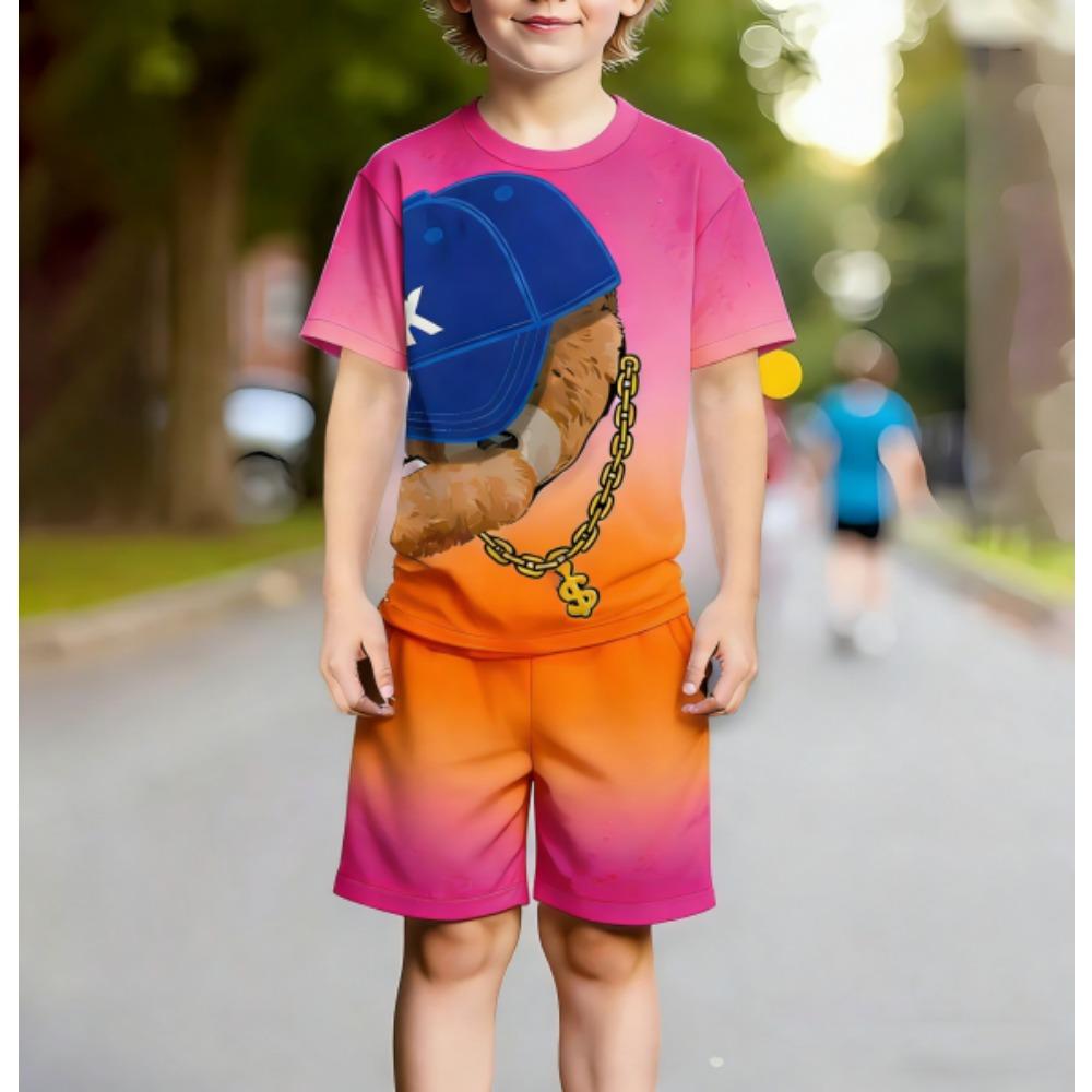 Europe and America Funny Bear Fashion Men's Set Summer Men's T-shirt and Shorts 2 Piece Set Outdoor Casual Men's and Women's Outfit