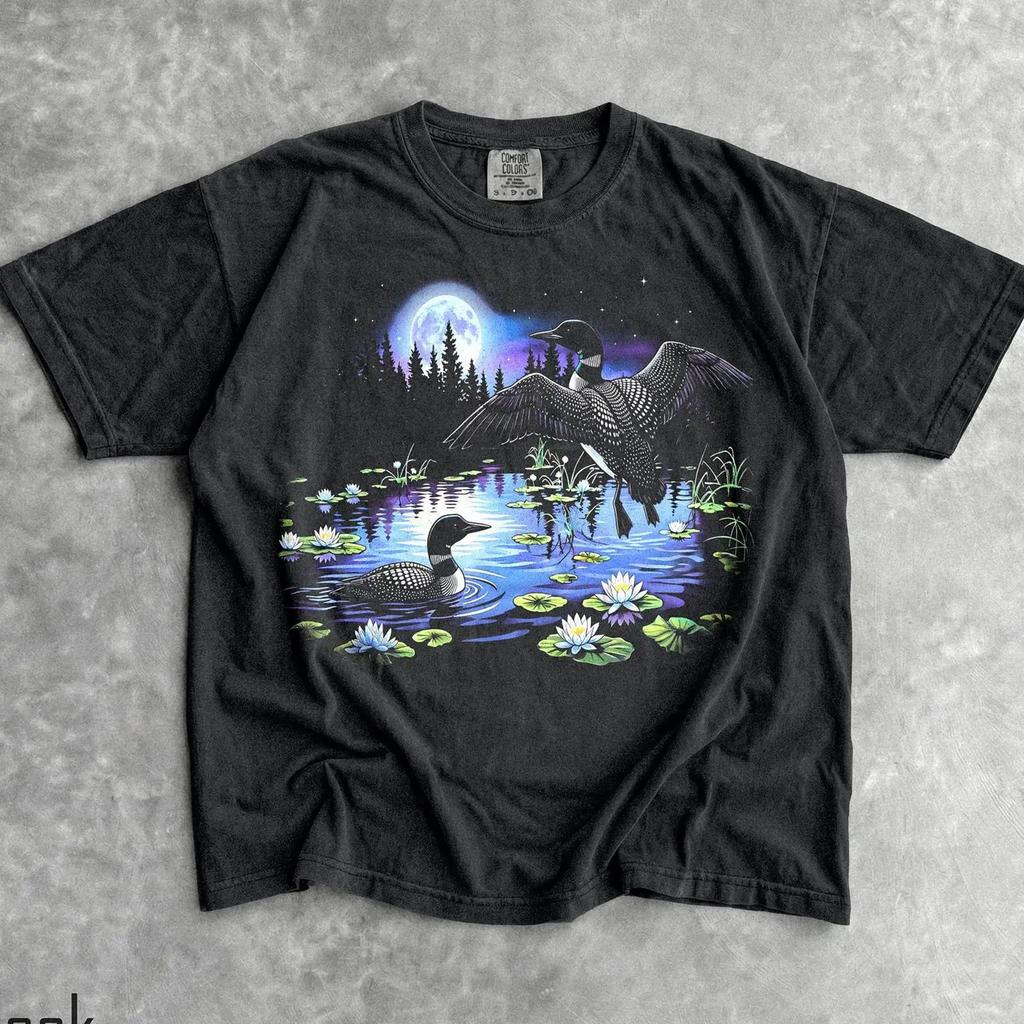 Vintage 90s Loon Habitat Wildlife T Shirt Moonlit Pond Outdoor Nostalgia for vintage Washed graphic Comfortable Soft