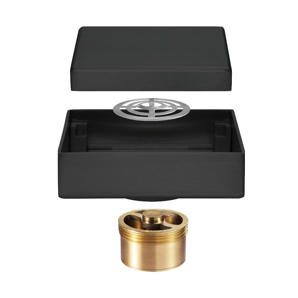 HIDEEP Moderne gebürstetes Gold Fliesen-Einlage Badezimmer Dusche Geruchshemmende Abflüsse 10x10cm Quadratisch Schwarzer Edelstahl Toilettenbodenablauf