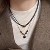 Retro Temperament Geometric Ellipse Tiger's Eye Stone Double Layer Leather Rope Fold Wear Necklace for Women Chokers Jewelry