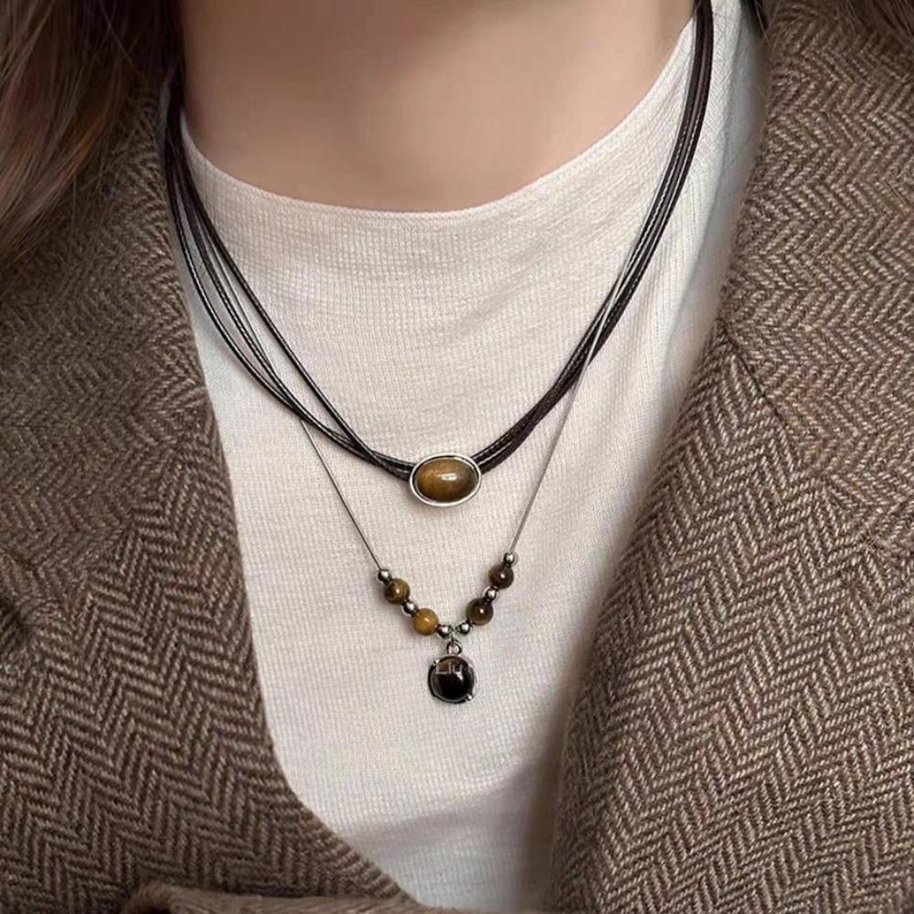 Retro Temperament Geometric Ellipse Tiger's Eye Stone Double Layer Leather Rope Fold Wear Necklace for Women Chokers Jewelry