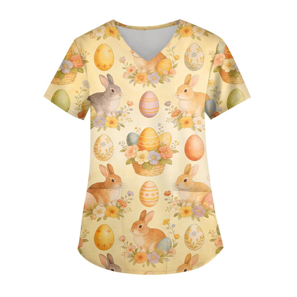 Ladies' Easter printed fashionable V-neck pocket short sleeved uniform and caregiver top