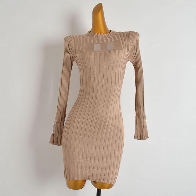

French Style New Arrival Half Turtleneck Knitting Dress Women s Clothing Elegant Rhinestone Waist-Tight Slim Looking Base Narrow Skirt Khaki One size