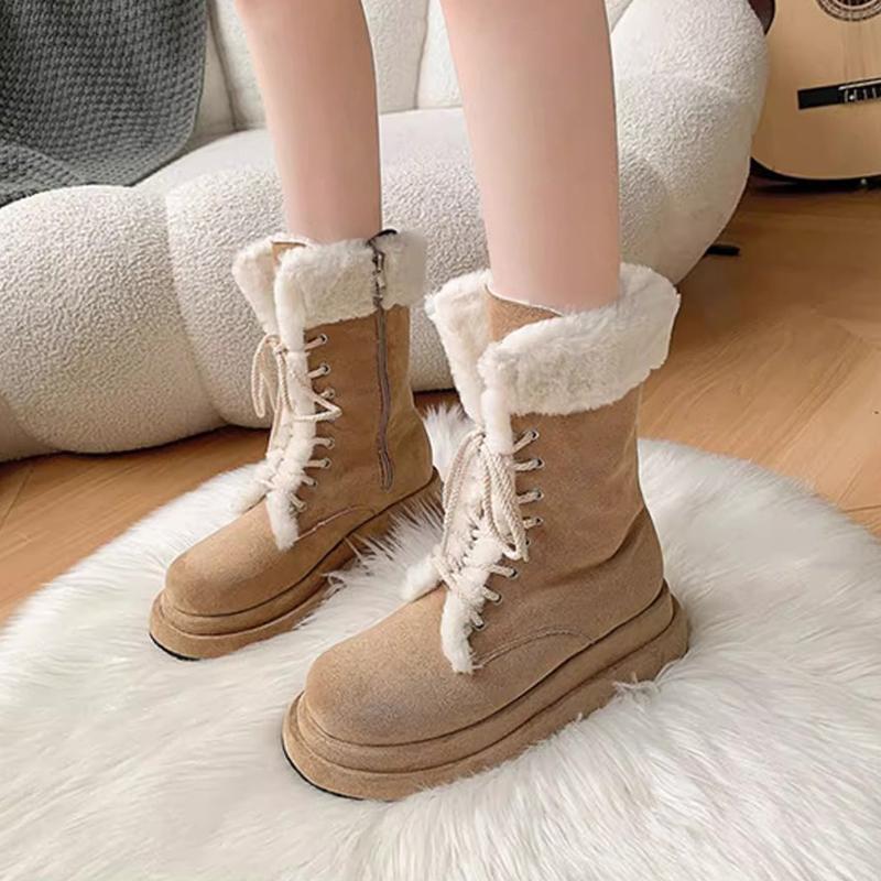 Winter New Trend Platform Flats Shoes Casual Short Plush Boots Suede Women Mid Calf Snow Boots Outdoor Trendy Warm Cotton Shoes