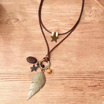 Vintage Feather Pendant Necklace Metal Leaf Long Sweater Chain