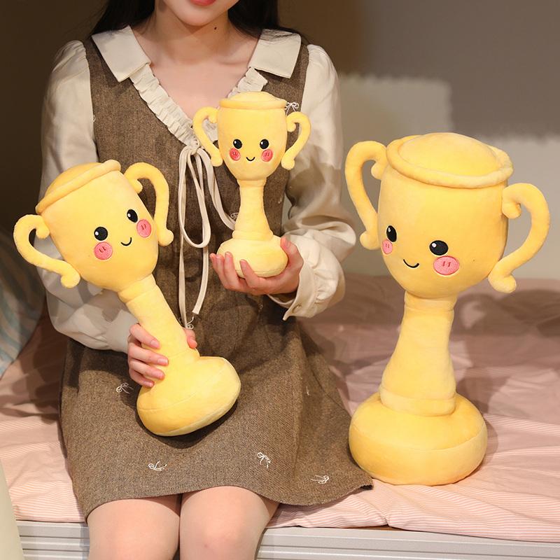 Lovely Champion Trophy Plush Pillow Soft Stuffed Toy Funny Expression Cushion for Home Decor and Gift Giving for Girls Kids