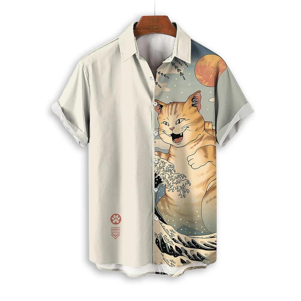 Módní pánské oblečení Cool Samurai Cat Topy Letní nové pánské oblečení Ležérní krátký rukáv Anime Volná halenka Havajské košile