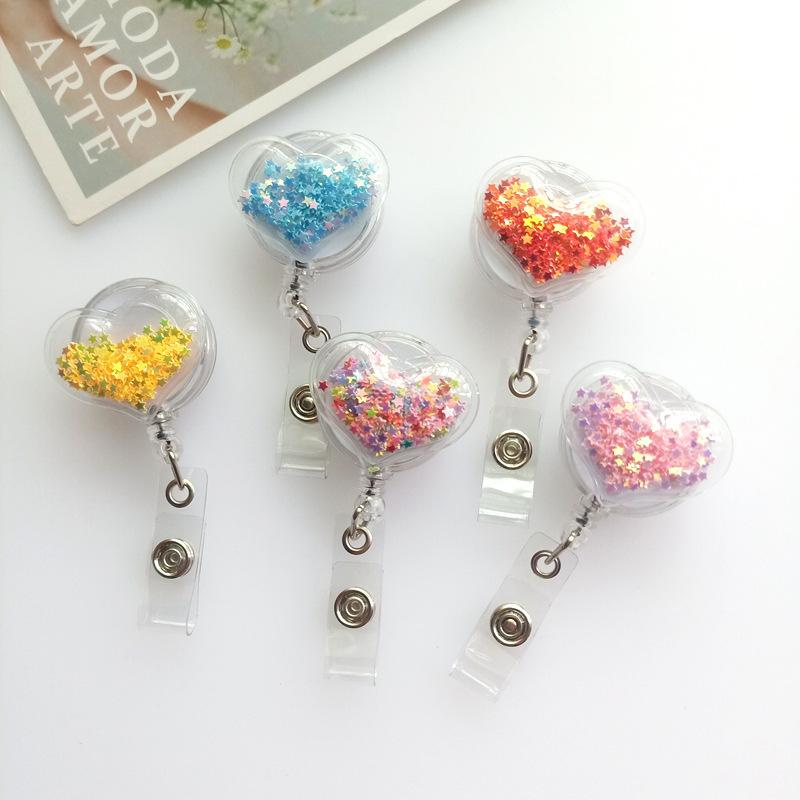 New Style Name Tag with Cartoon Snap Fastener  Elastic Snap Fastener  Flowing Sand Heart Resin Work ID Card Hanging String Clip  Clip Holder